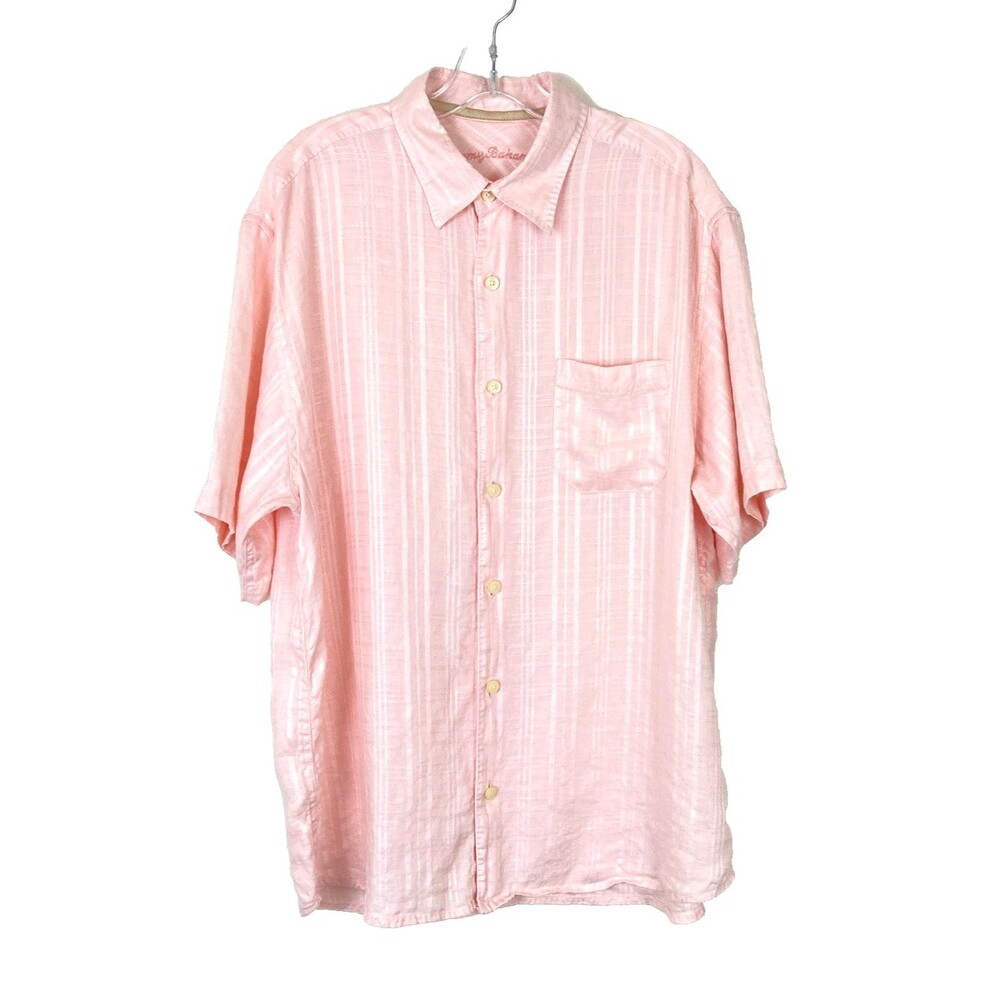 Tommy Bahama Men's Button Up Shirt Size L Pink Linen Short Sleeve Casual Beach